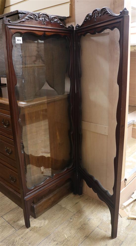 A late Victorian mahogany two fold screen, each panel W.51cm H.133cm